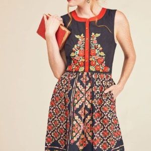 Modcloth A line midi dress with embroidery, pockets -Small